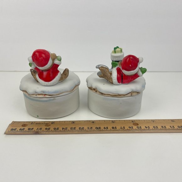 Vtg 2 Homco Christmas Holiday Teddy Bears Trinket Box Round Porcelain w Lid Deco - Picture 6 of 11